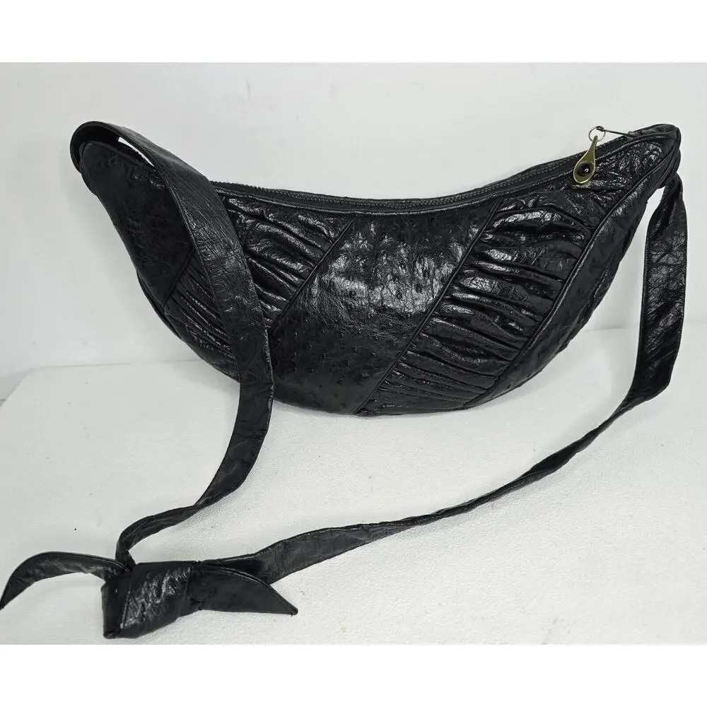 Vintage Judith Leiber Black Ostrich Leather Shoulder Bag Handbag Crescent Shape